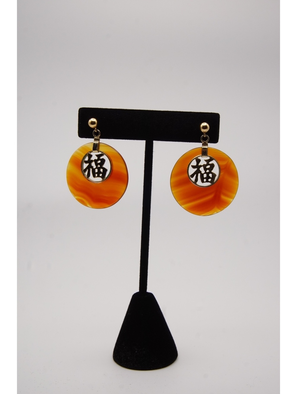 12 k gold- Orange disc drop earrings with Chinese character charm